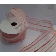 Лента 40мм, Органза декоративная (Бело-прозрачное с розовым атласом) 1 м